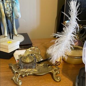 Vintage Gold Inkwell with Feather Pen